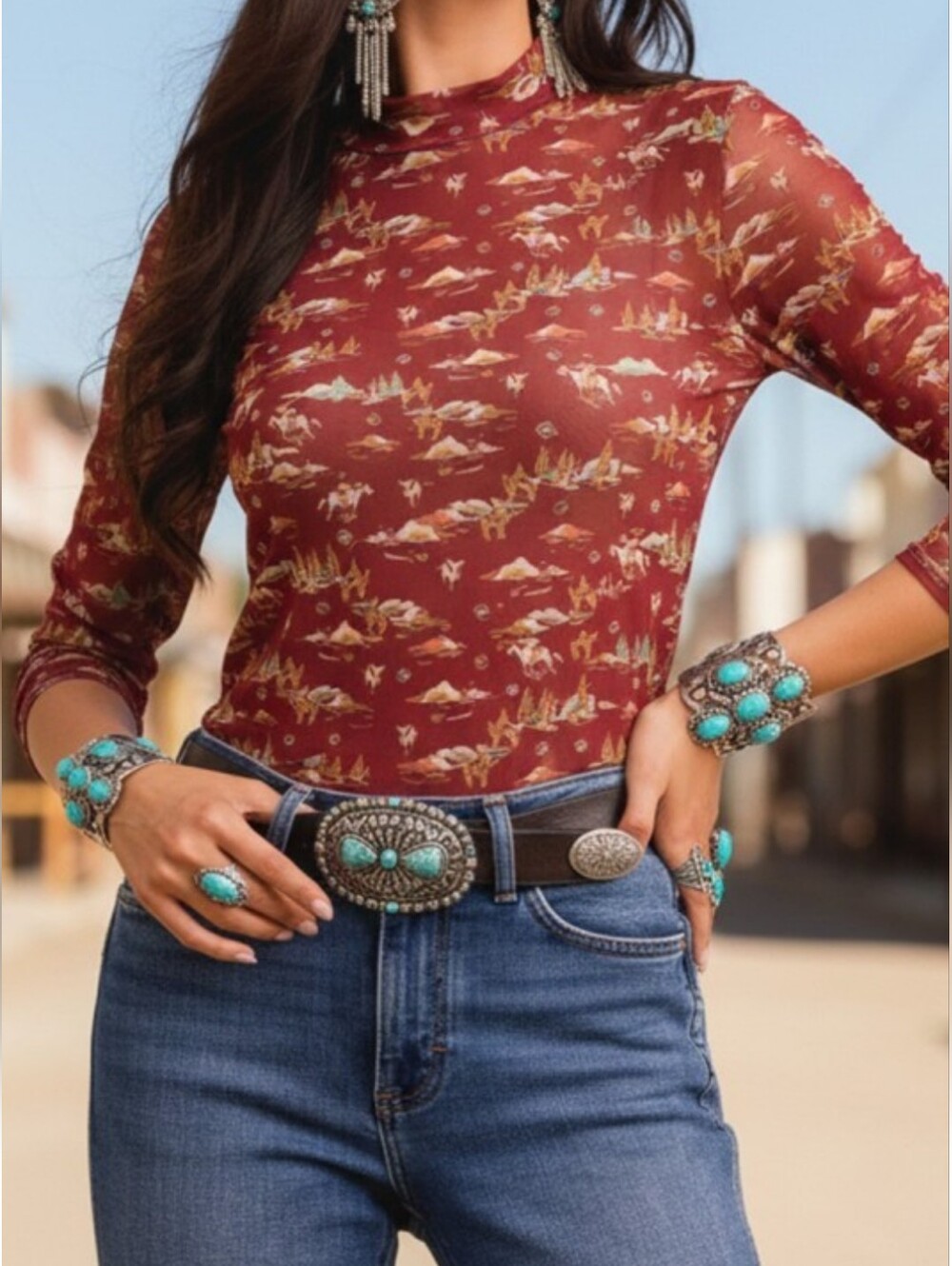 Sheer Wine Western Print Layering Long sleeve Top